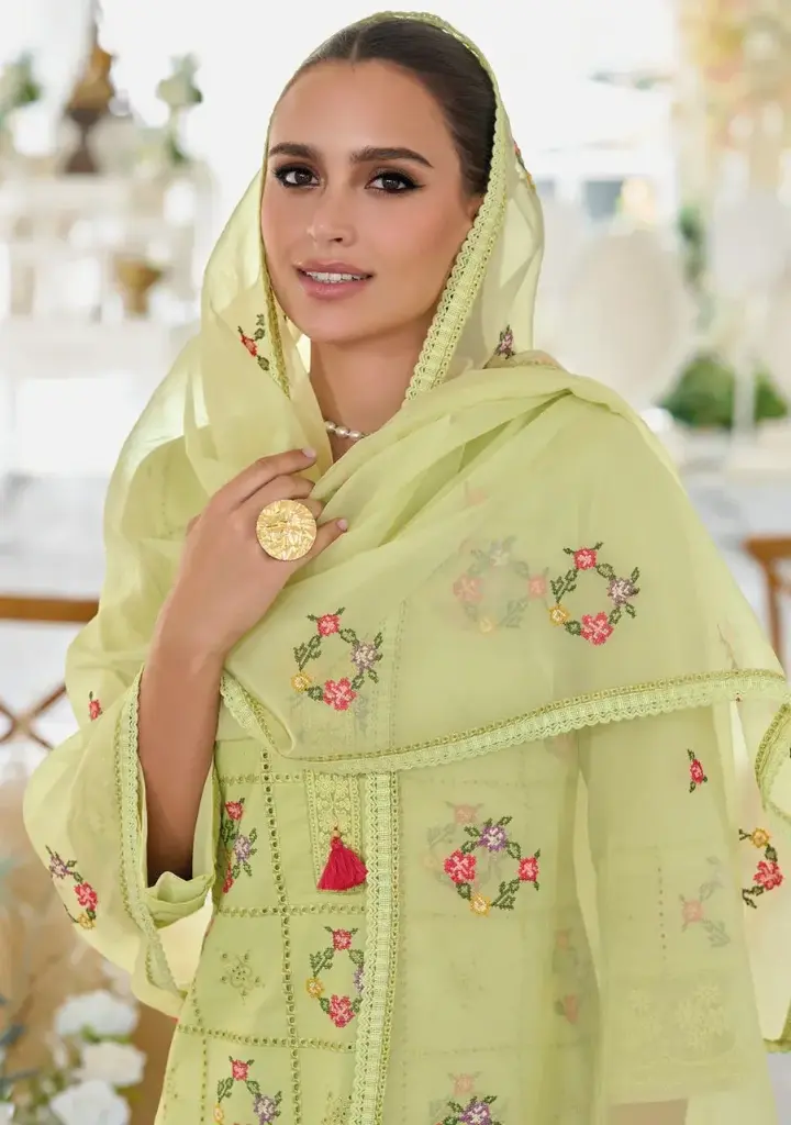 Lime Green Embroidered Straight Suit