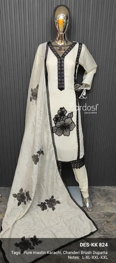 Off-White Maslin Karachi Three-Piece Suit with Black Floral Detailing