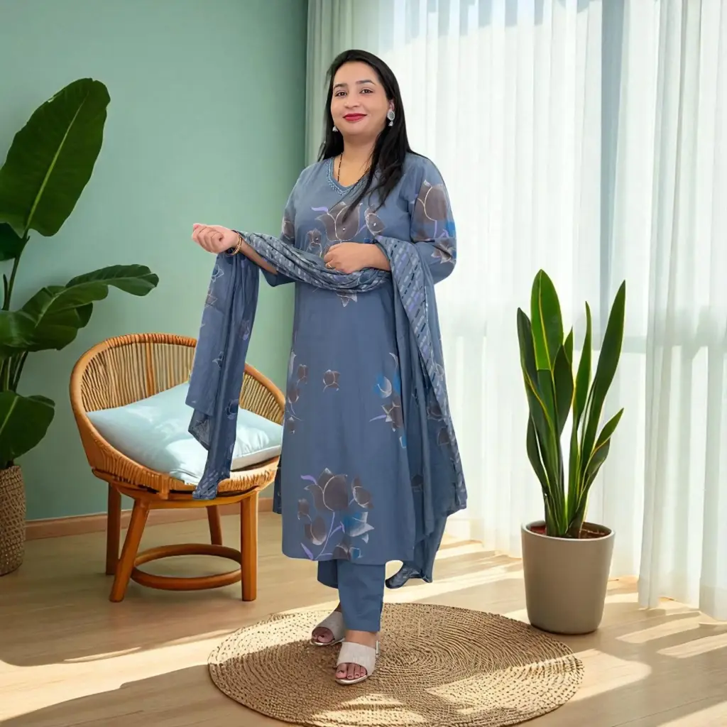 Printed Kurta Palazzo & Dupatta Set - Blue