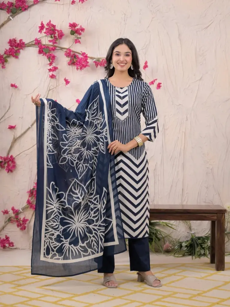Chevron Kurti with Floral Dupatta & Palazzo Pants