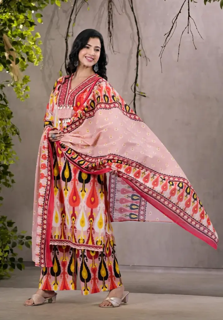 Pink and Red Ikat Palazzo Suit with Dupatta
