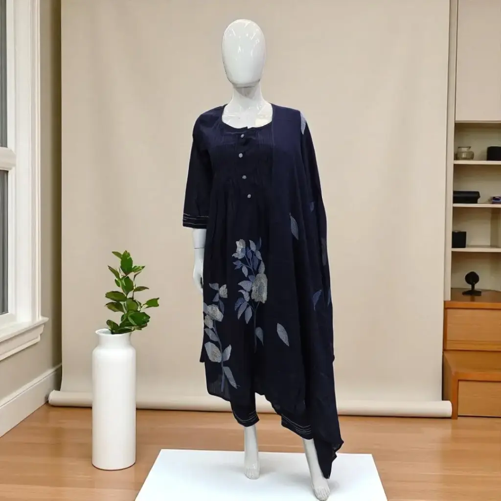 Navy Blue Cotton Kurti Suit with Dupatta & Palazzo Pants