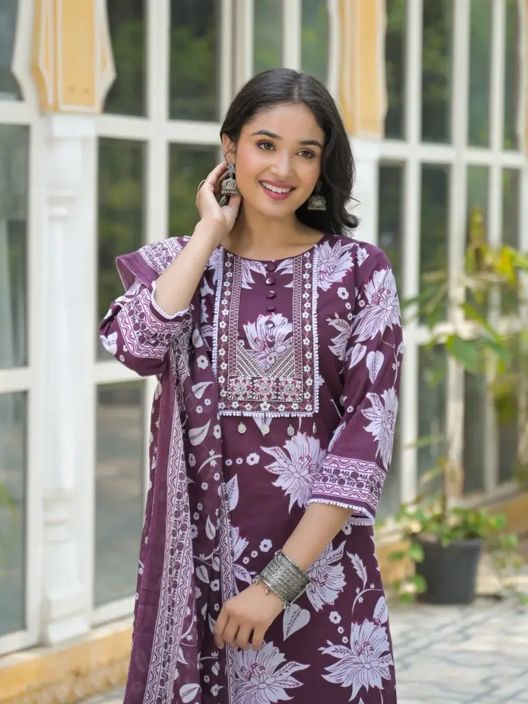 Purple Cotton Suit with Coin Lace – Floral Print