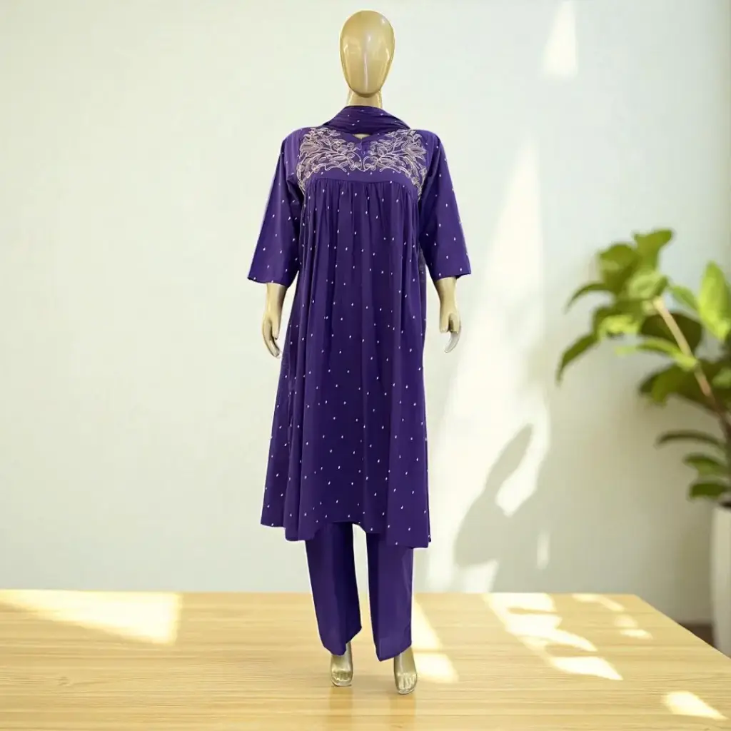 Red and Purple Embroidered Anarkali Suit with Dupatta & Palazzo Pants