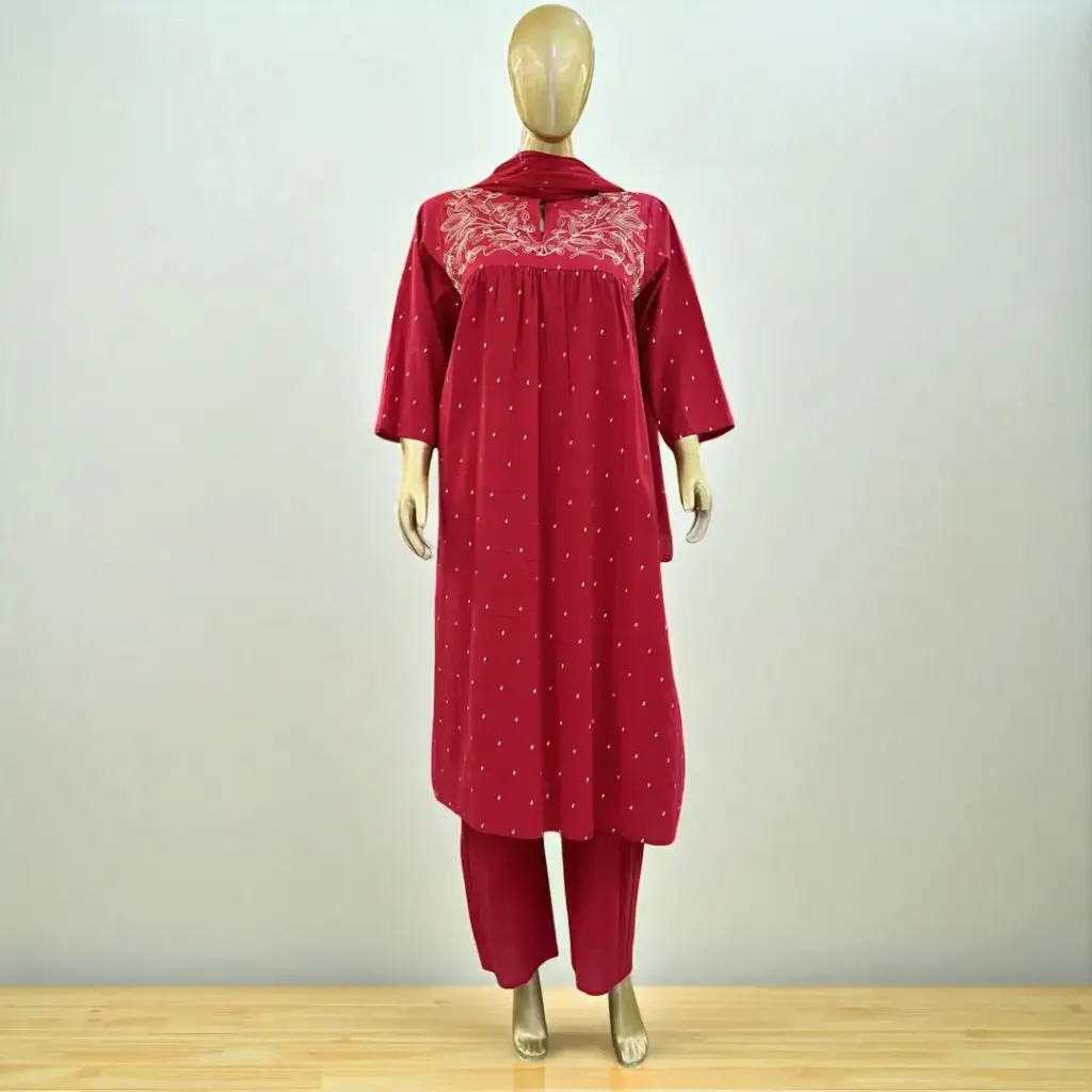 Red and Purple Embroidered Anarkali Suit with Dupatta & Palazzo Pants