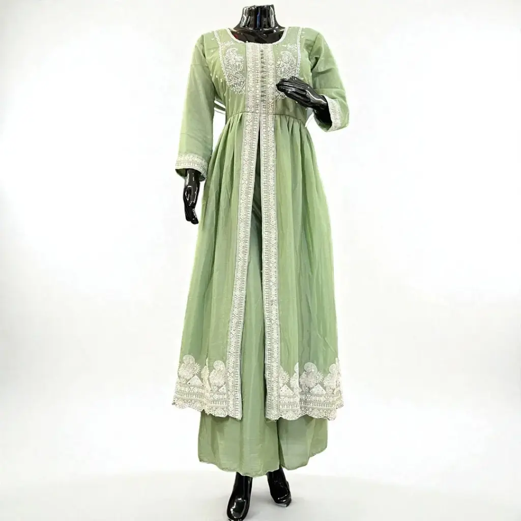 Women's Sage Green Cotton Embroidered Kurta Palazzo Set with Front Slit and Dupatta (XL)