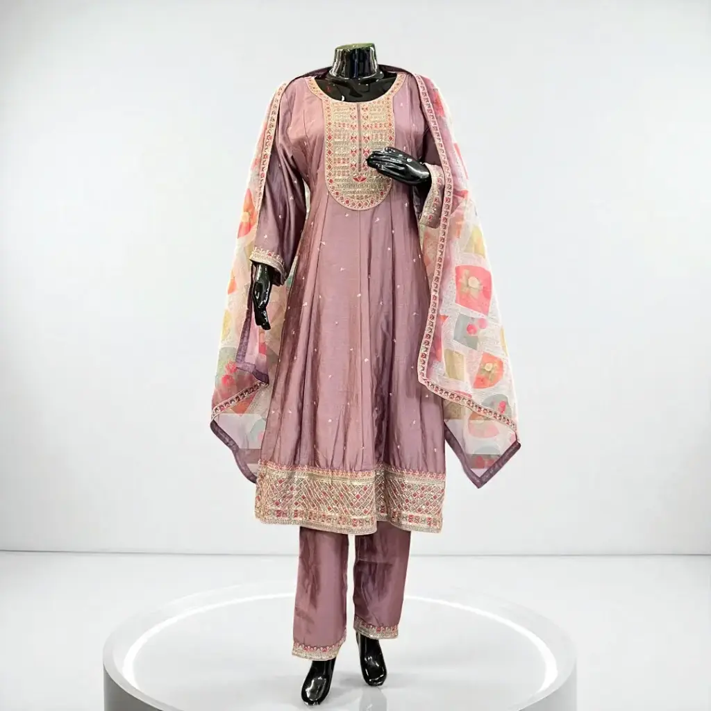 Festive Lavender Embroidered Frock Suit and Dupatta Set (XL)