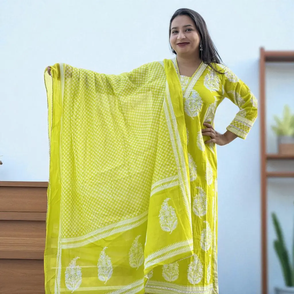 Elegant Lime Green Cotton Kurti Set with Block Print Dupatta
