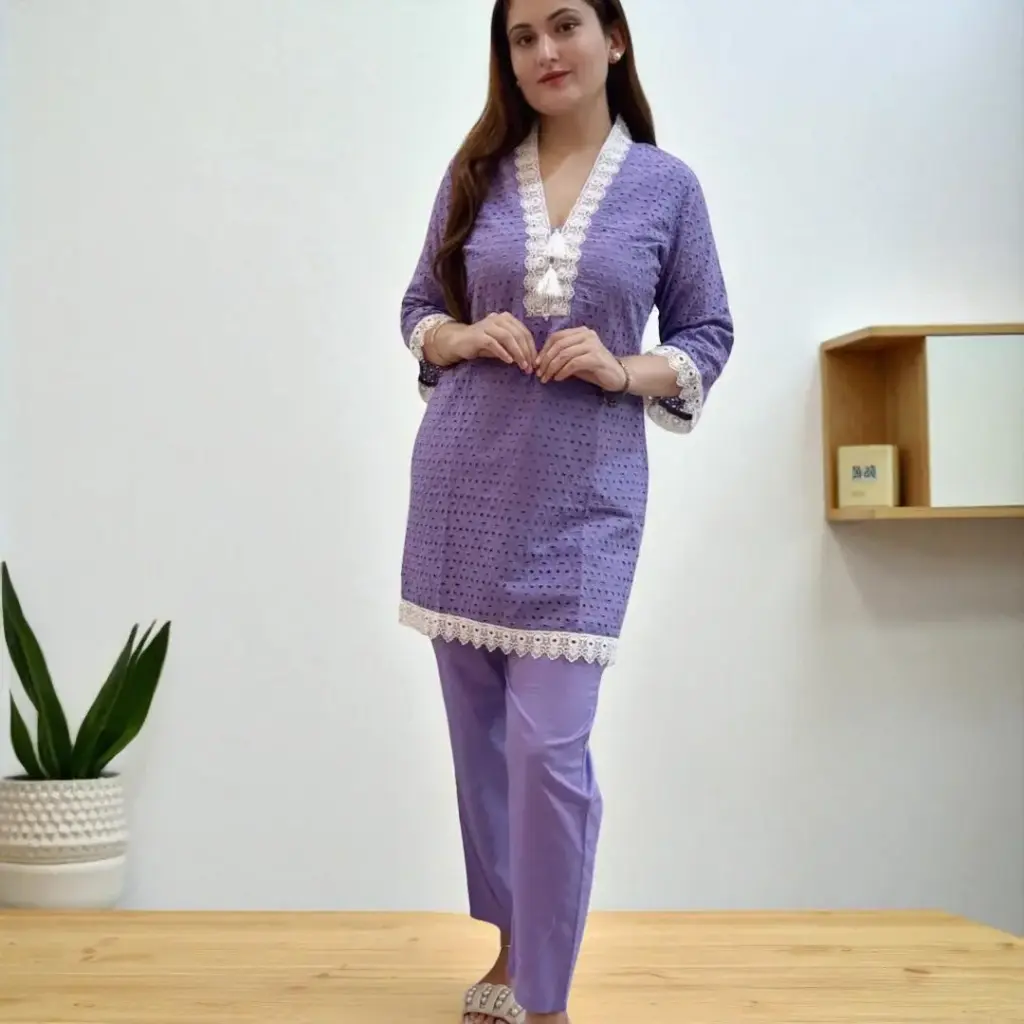 Lavender Eyelet Shiffli Co-ord Set - Elegant & Comfortable  (M)