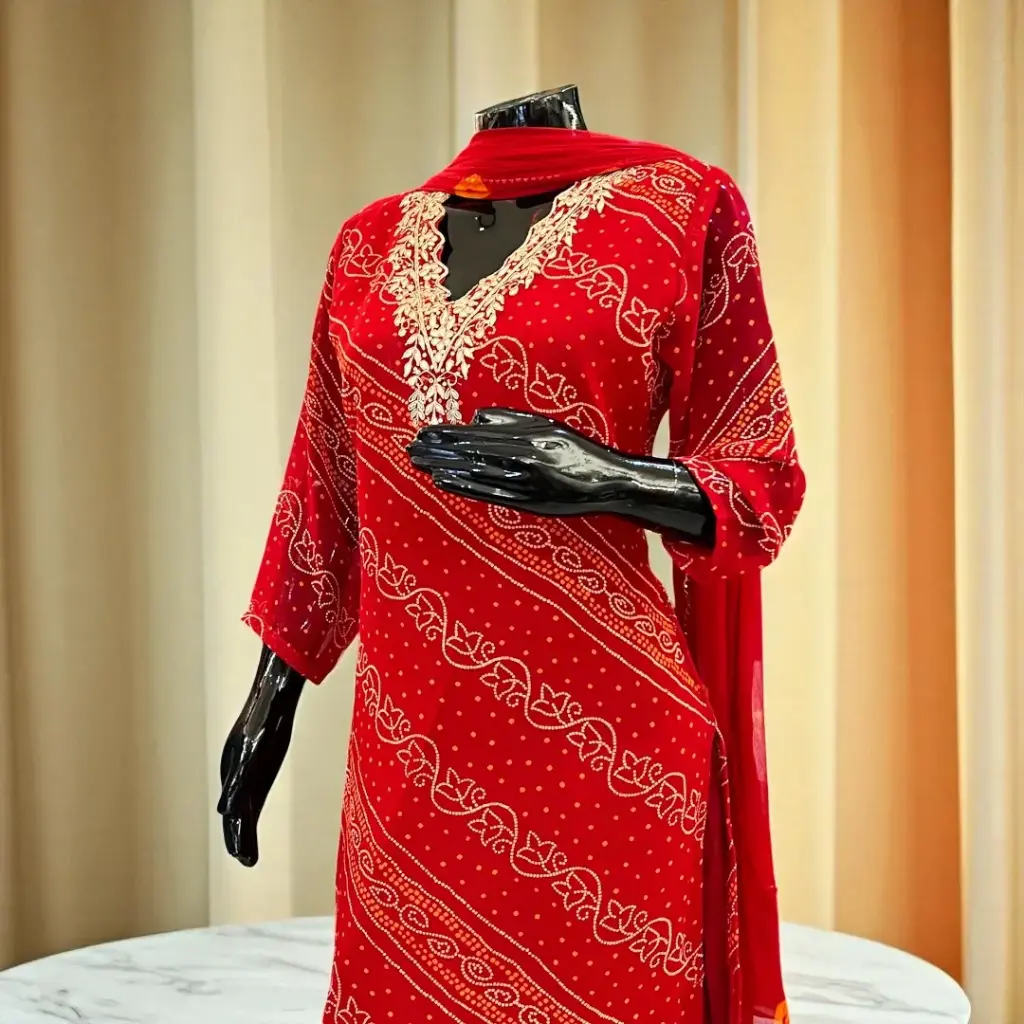 Red Bandhani Festive Kurta Set with Dupatta