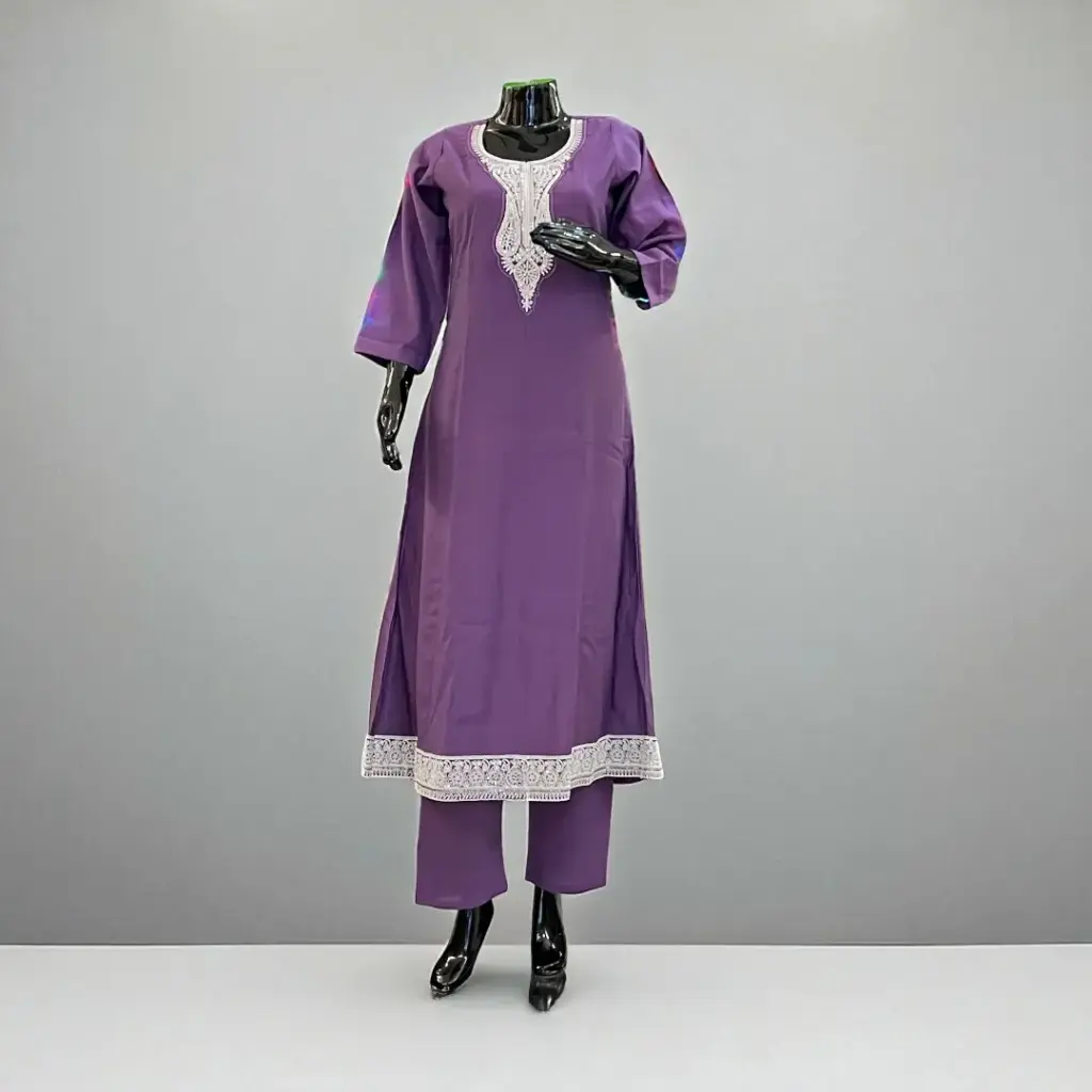 Versatile Purple A-Line Kurta Palazzo Set with Embroidered Detail (M)
