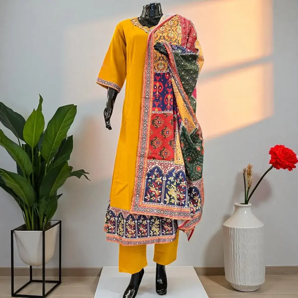 Mustard Yellow A-Line Kurta with Embroidered Karachi Dupatta