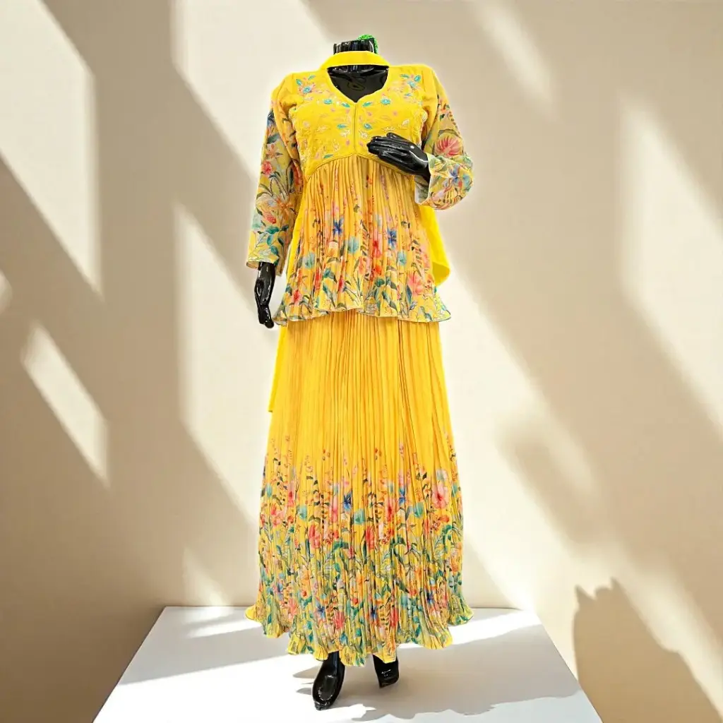 Yellow Floral Peplum Top with Skirt and Dupatta