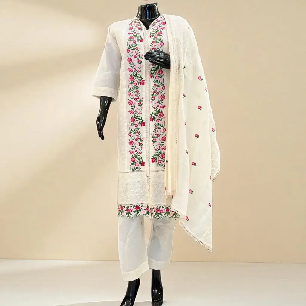 Embroidered Cotton Kurta Set - Cream (M)
