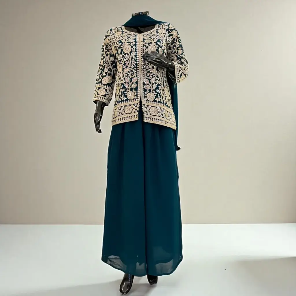 Festive Mirror Work Three-Piece Suit with Flair and Dupatta (L)