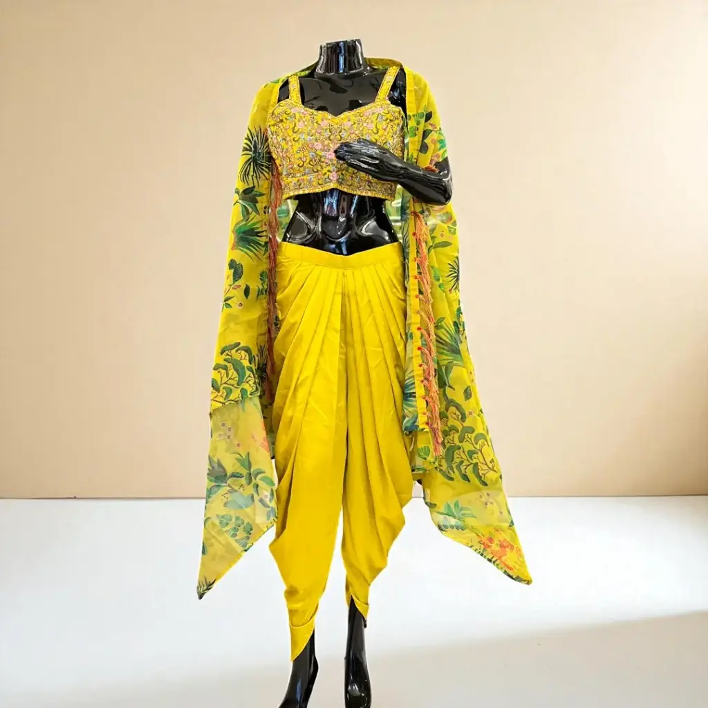 Yellow Dhoti Pant Set with Embroidered Top and Shrug