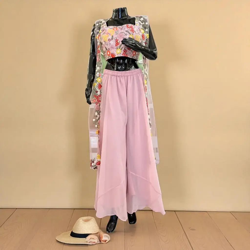 Floral Embroidered Crop Top and Palazzo Set with Shrug