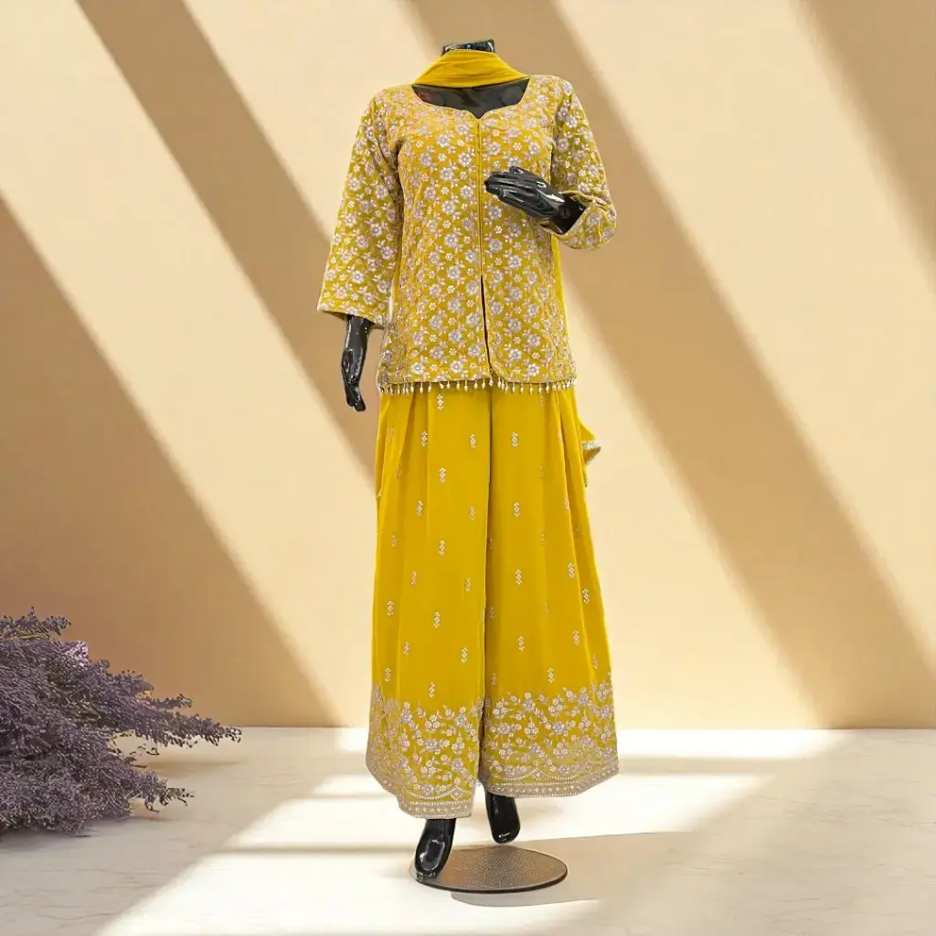 Mustard Yellow Embroidered Palazzo Suit (L)