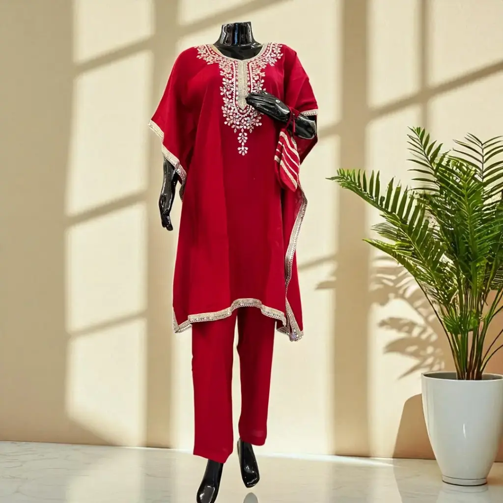 Embroidered Maroon Kaftan Pant Set with Potli