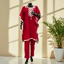 Embroidered Maroon Kaftan Pant Set with Potli