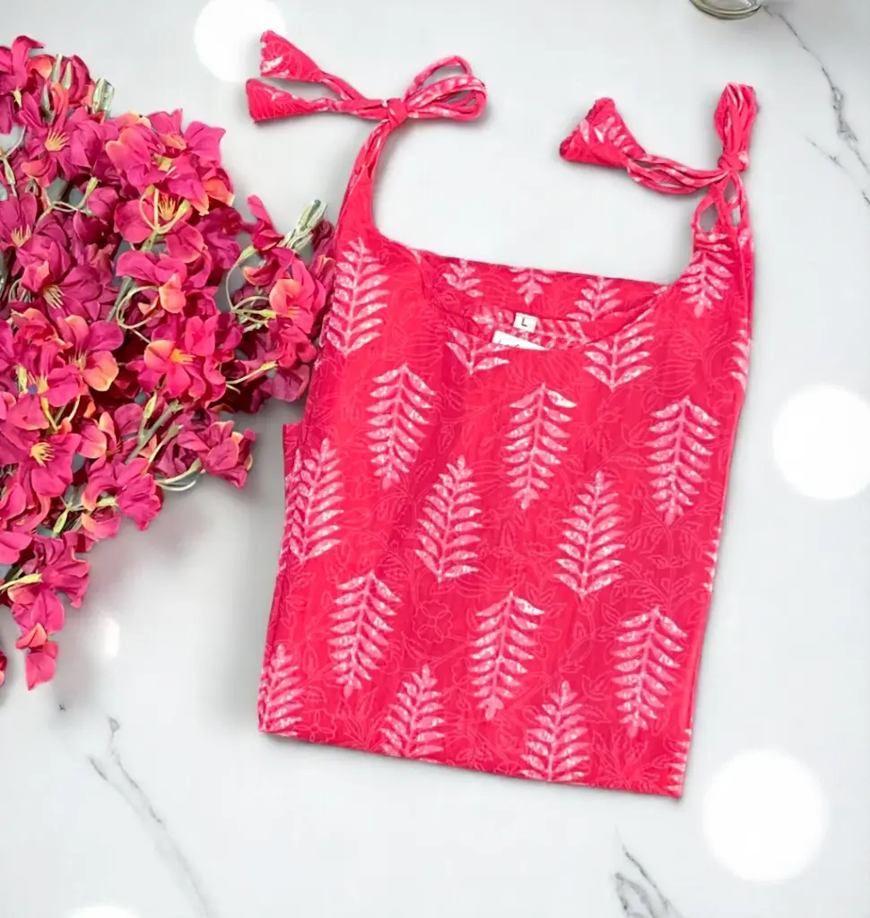 Red Cotton Sleeveless Kurti - Leaf design