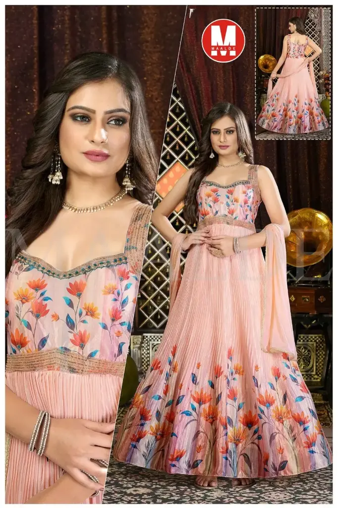 Peach Printed Pleated One Piece Dress