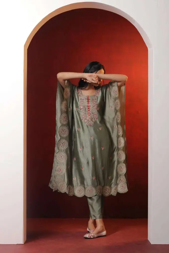 Serene Silk Kaftan & Pant Set â€“ Olive Green (XL)