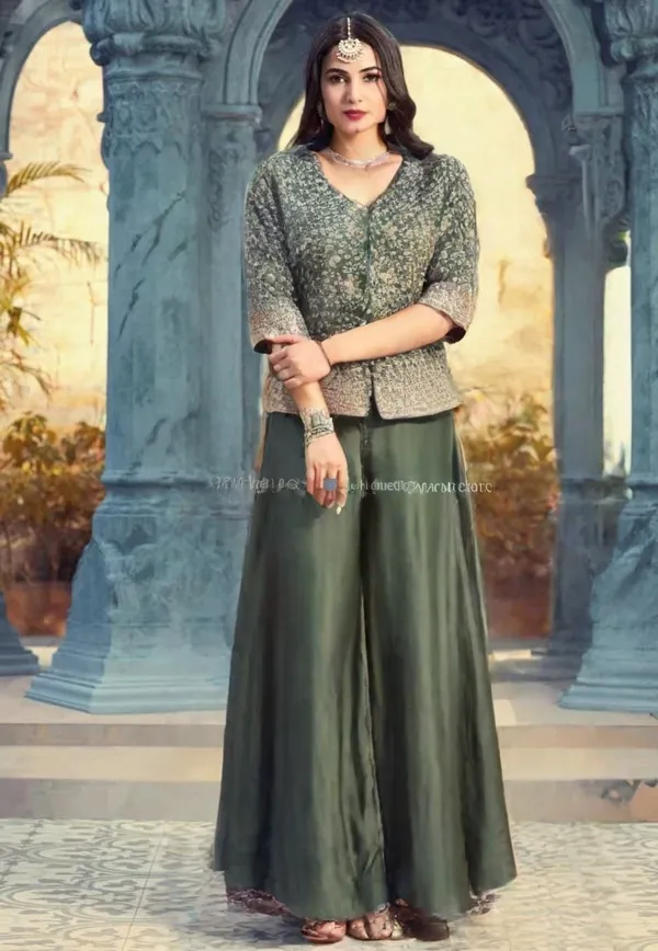 Elegant Olive Green Embroidered Palazzo Suit  (L)