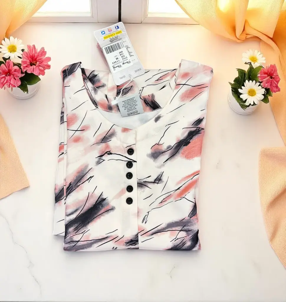 White Abstract Print Kurti in Cotton Rayon Blend