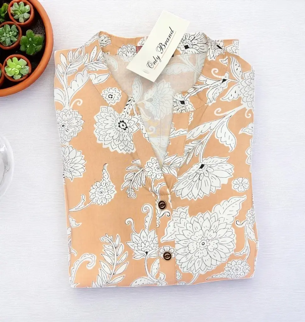 Peach Floral Print Rayon Cotton Kurti – Soft & Chic