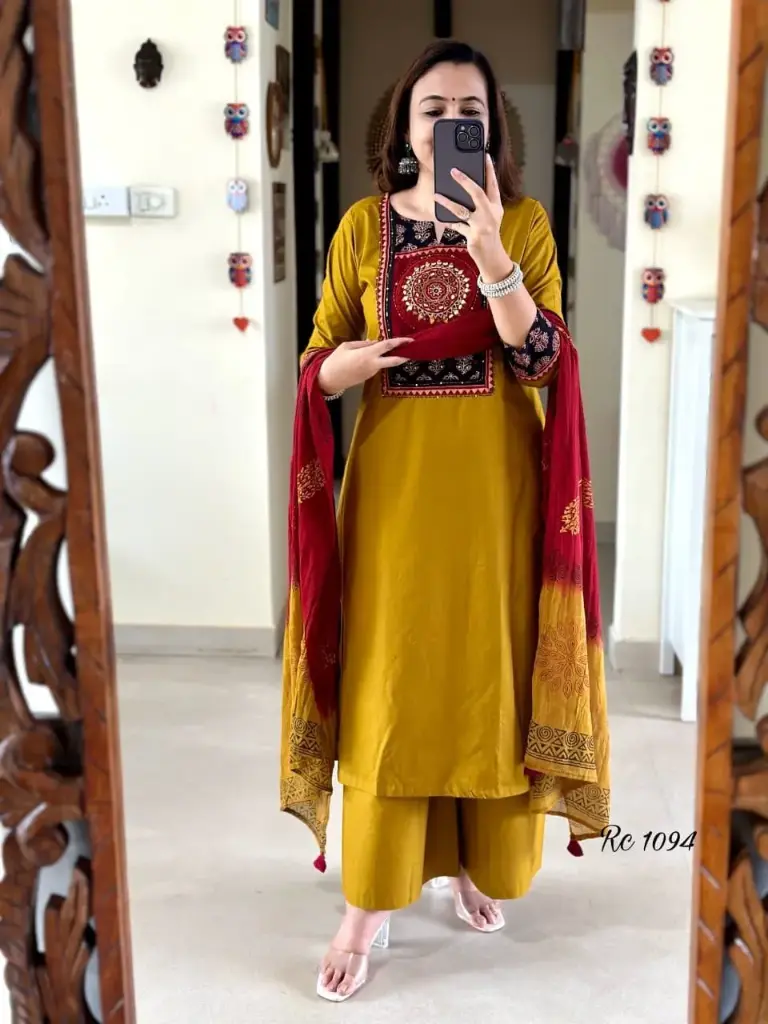 Mustard Festive Embroidered Yoke Cotton Suit Set with Malmal Dupatta