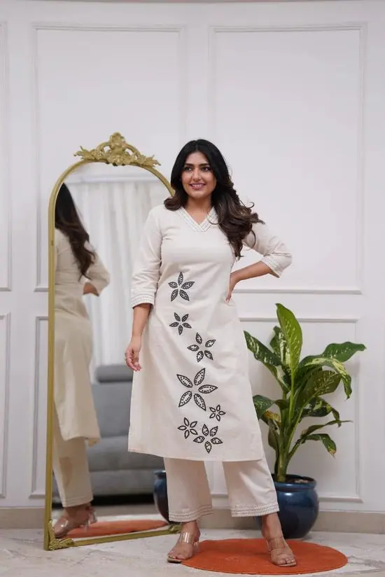 Cream Embroidered Floral Kurta Palazzo Set