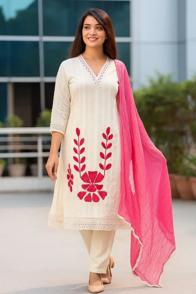 Cream and Pink Embroidered Cotton Kurta Set