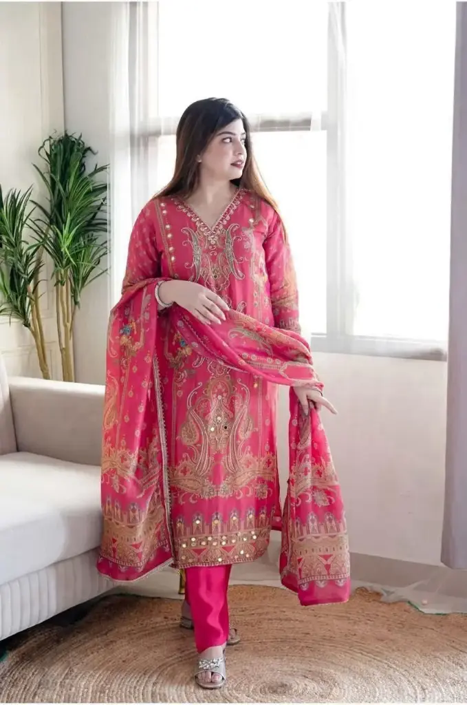 Fuchsia Pink and Purple Paisley Satin Kurta Set with Hand Stonework