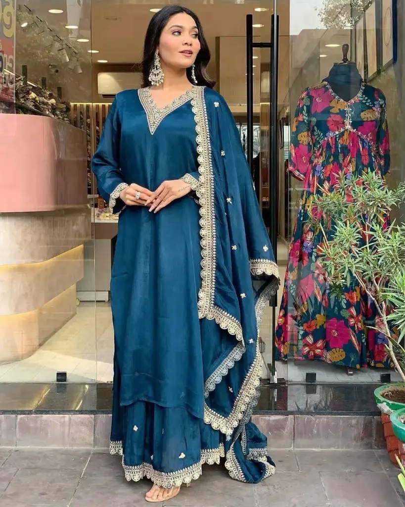 Teal Blue Embroidered Chinon Silk Kurta Set with Dupatta