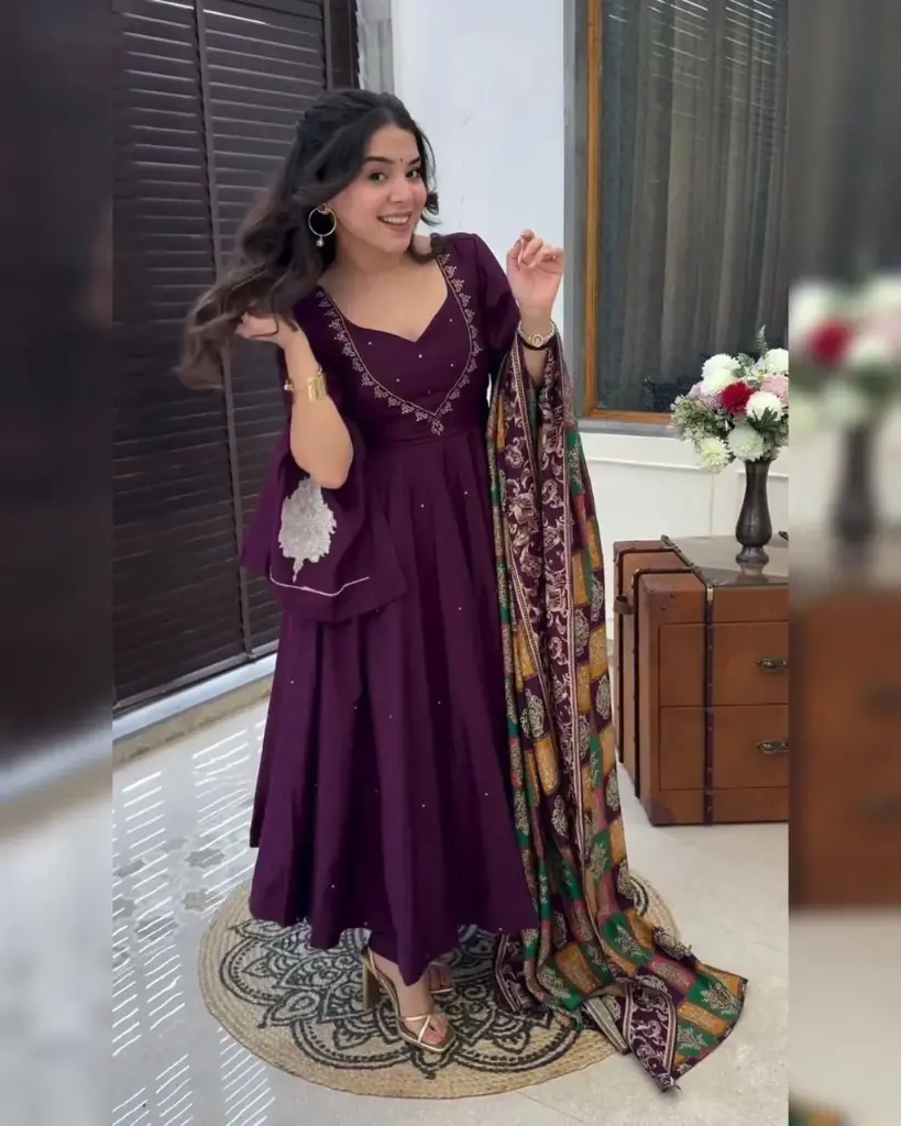 Regal Purple Embroidered Kurta Set with Palazzo and Dupatta