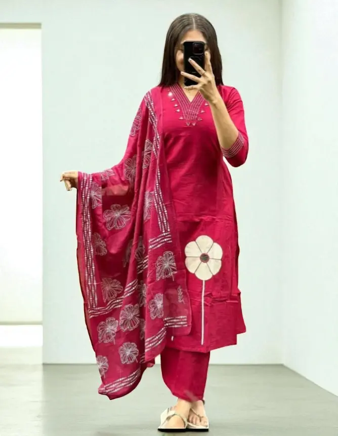 Floral Embroidered Cotton Kurta Set with Dupatta