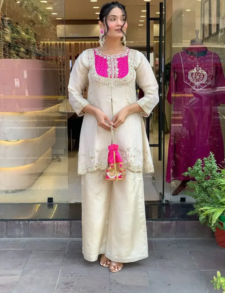 Embroidered Chinnon Kurta and Palazzo Coord Set