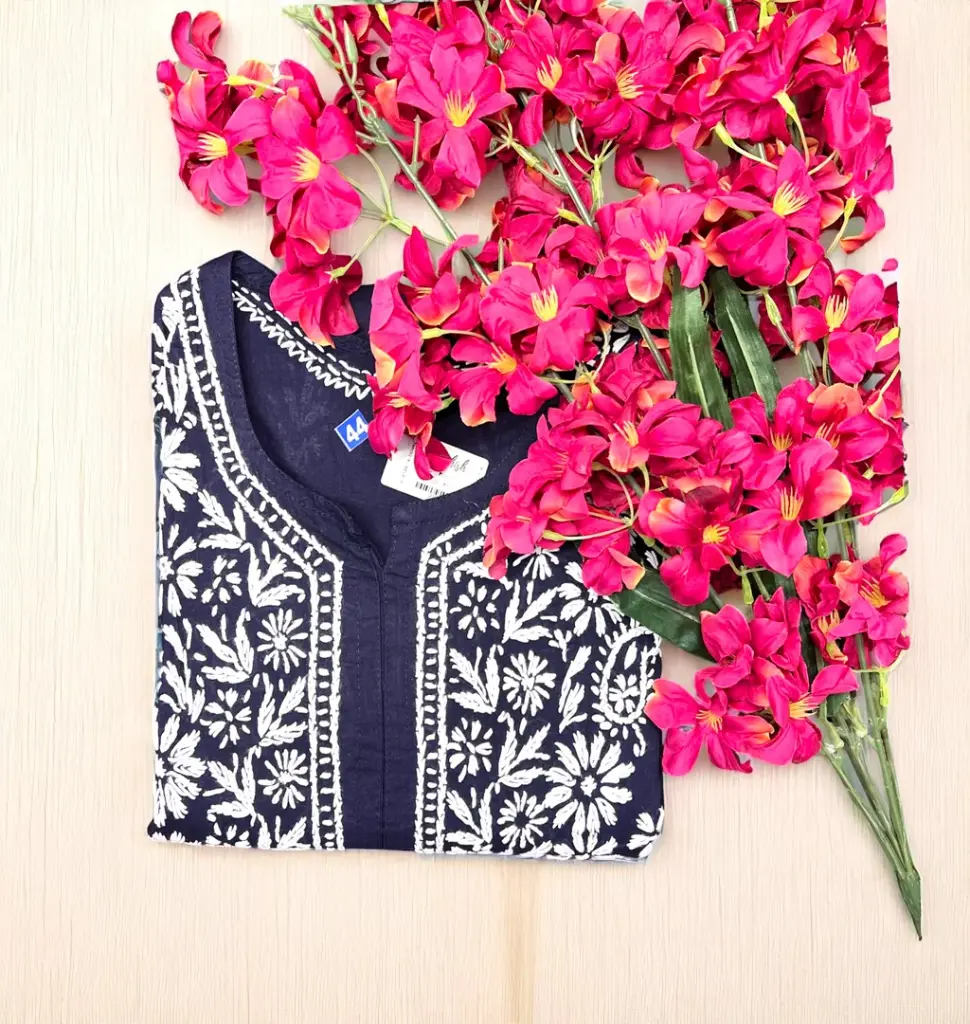 Navy Blue and Lime Green Lakhnavi Chikankari Cotton Kurti