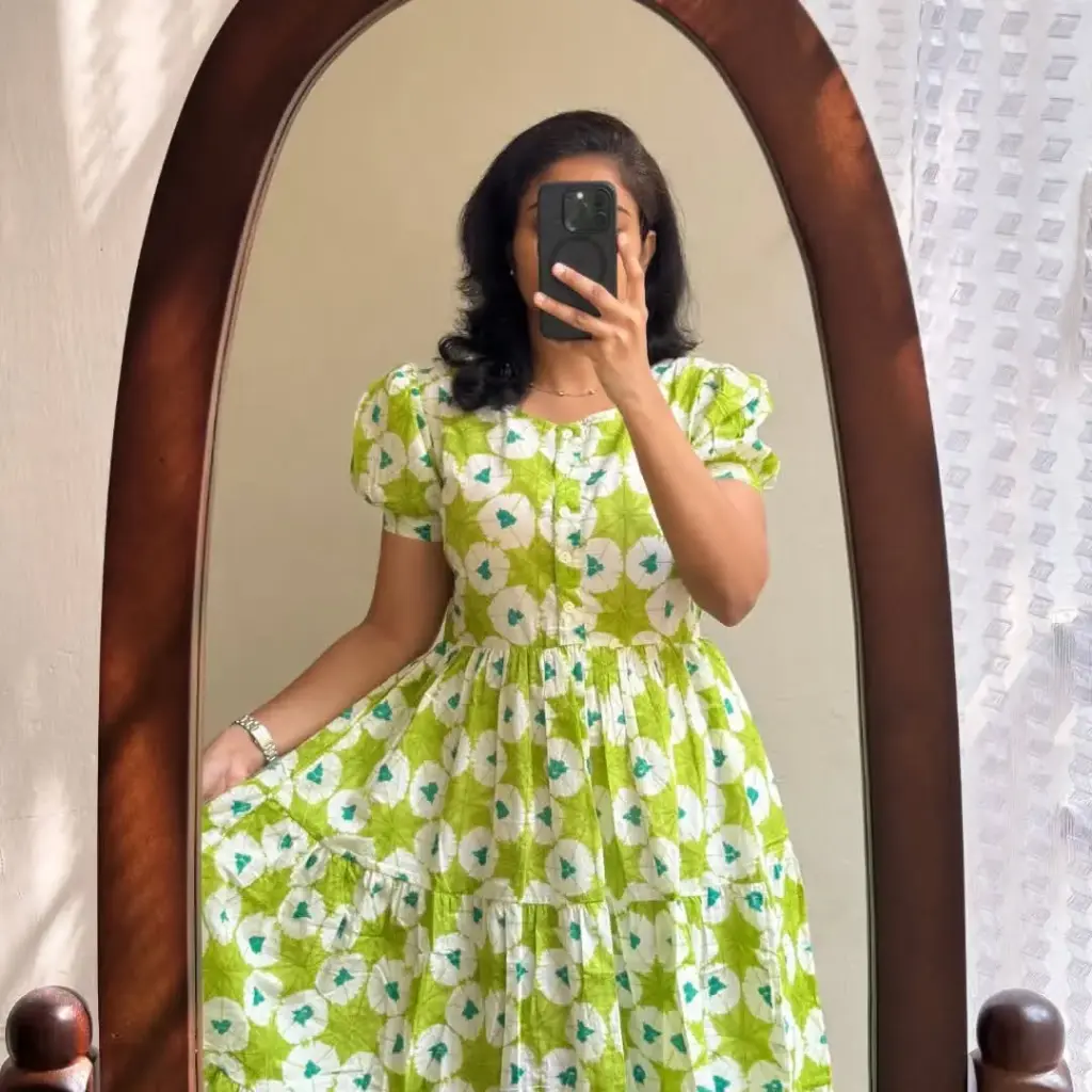 Floral Ikat Print Cotton Middy Gown