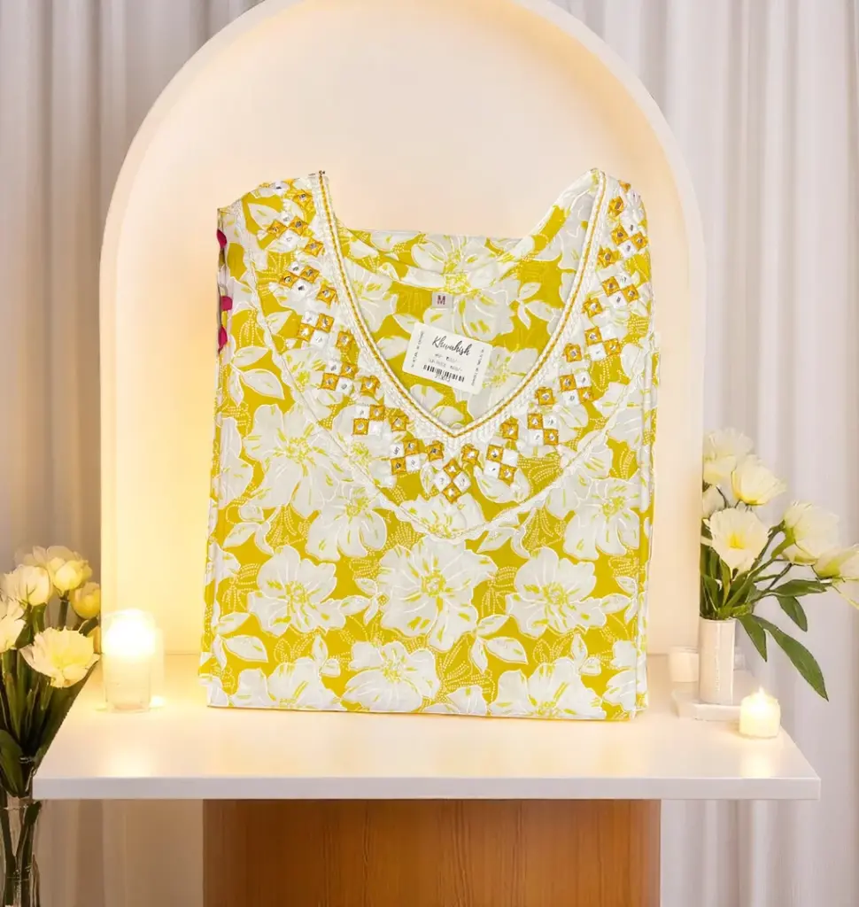 White and Yellow Floral Printed Cotton Kurti with V-Neck Detailing