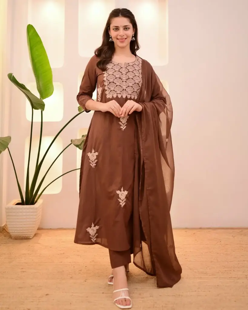 Embroidered Cotton Kurta Set with Dupatta