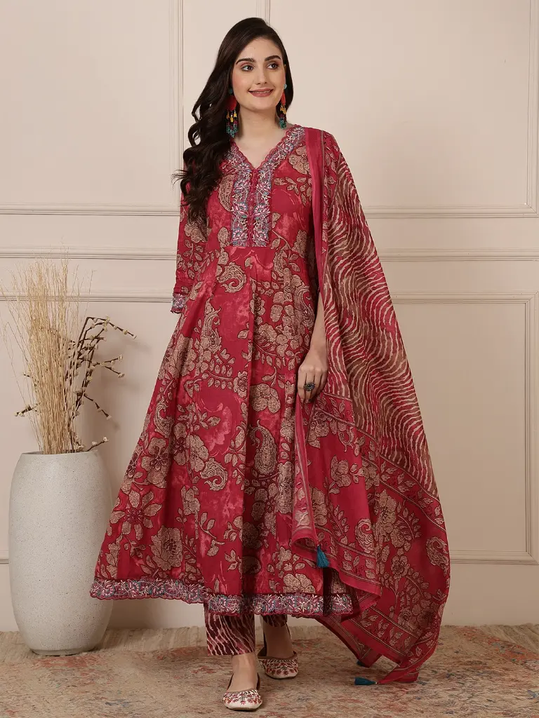 Crimson Floral Printed Cotton Kurta Set with Dupatta