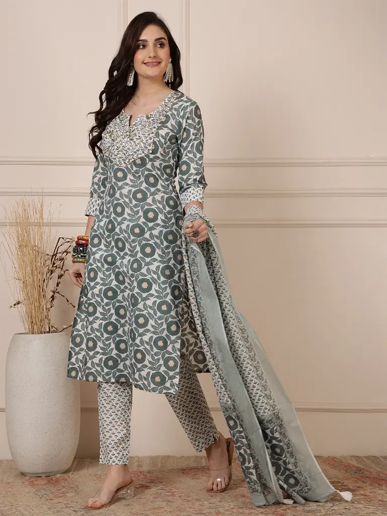 Floral Teal & White Cotton Kurta Set with Embellished Neckline