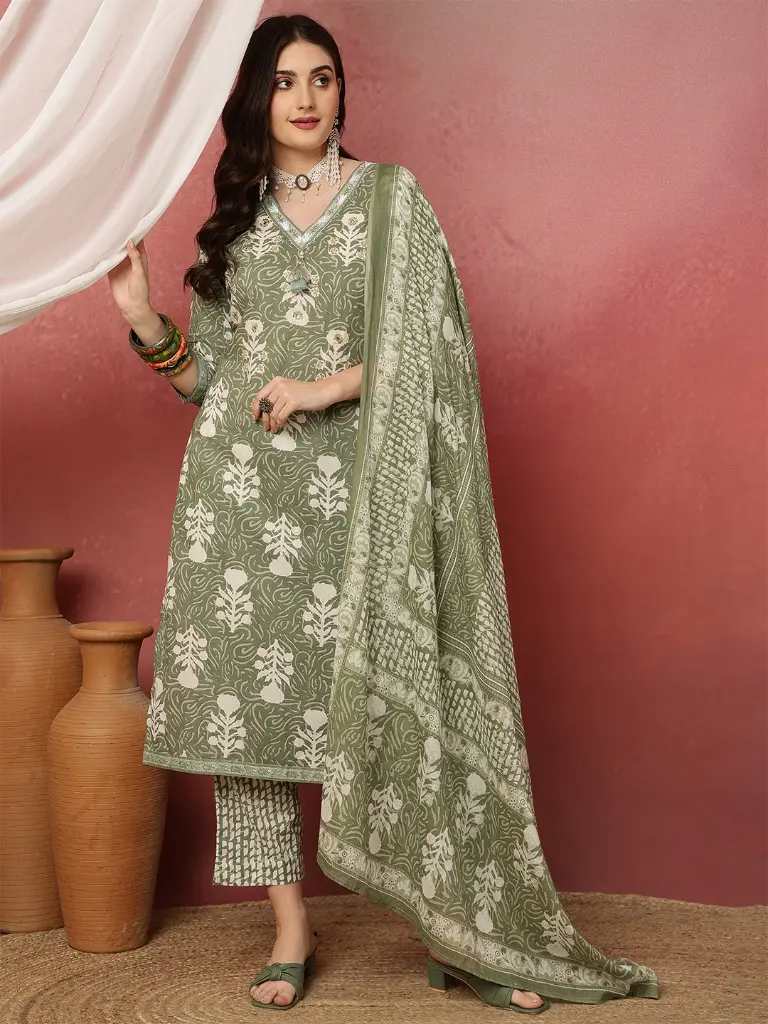 Olive Green Block Print Cotton Kurta Set With Dupatta