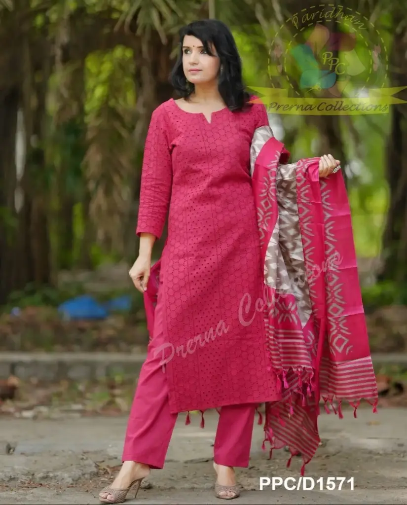 Schiffli Embroidered Kurta Set with Khadi Silk Dupatta