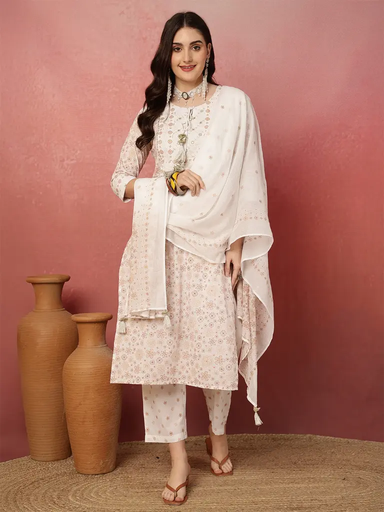 Off-White Floral Printed Cotton Kurta Set with Dupatta