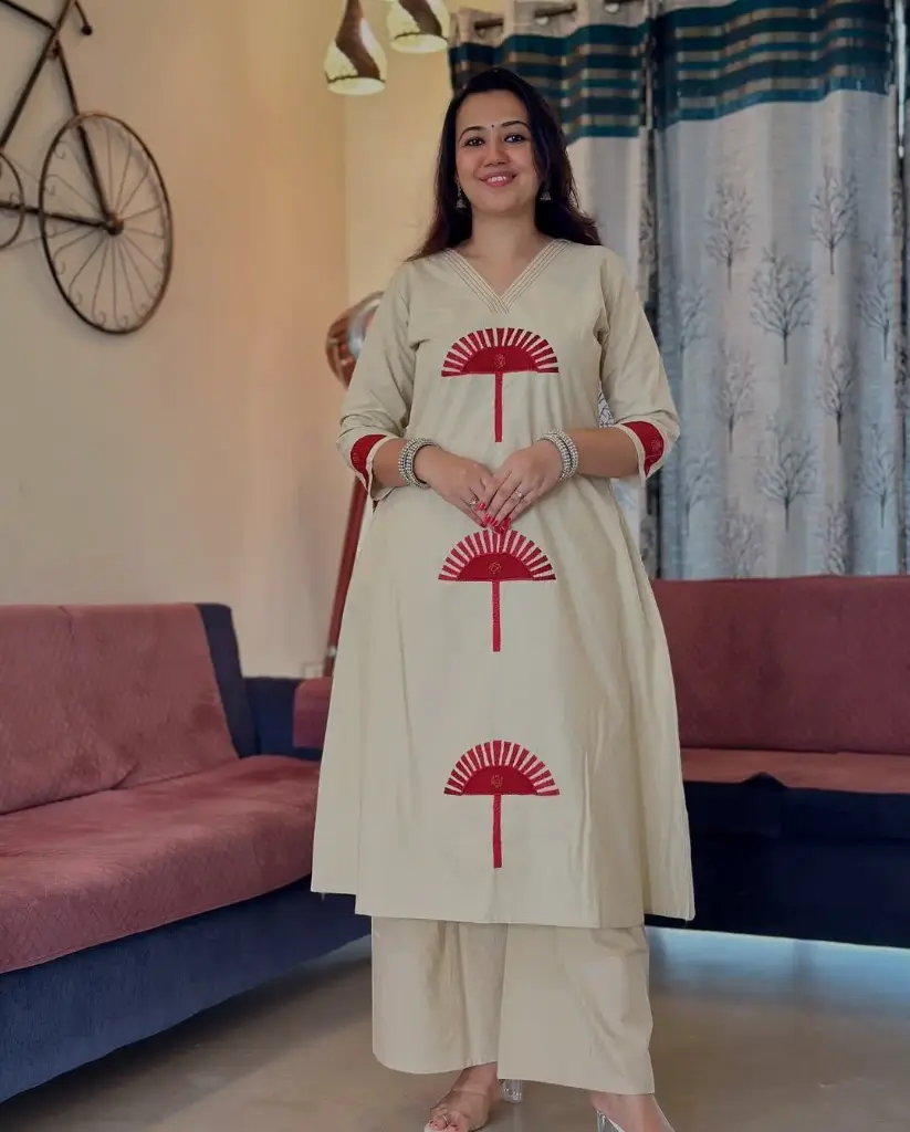 Off white Cotton Kurta Set with Red Embroidery