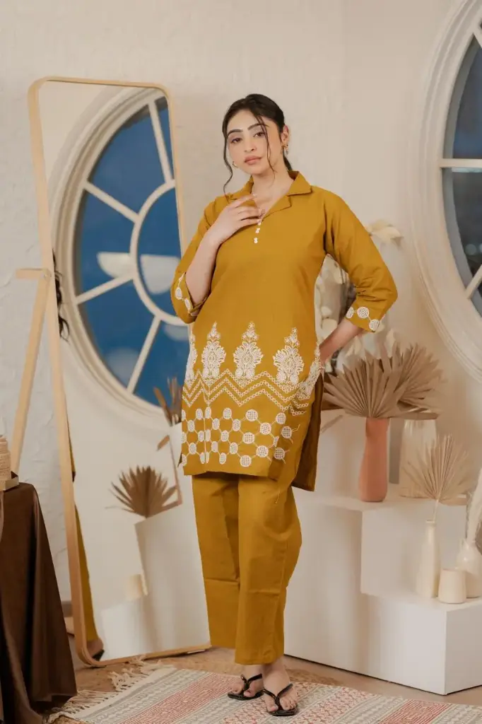 Embroidered Cotton Kurta Set in Mustard Yellow and Black Color