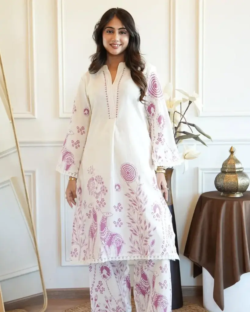 Lilac Deer Print Cotton Slub Kurta Palazzo Set